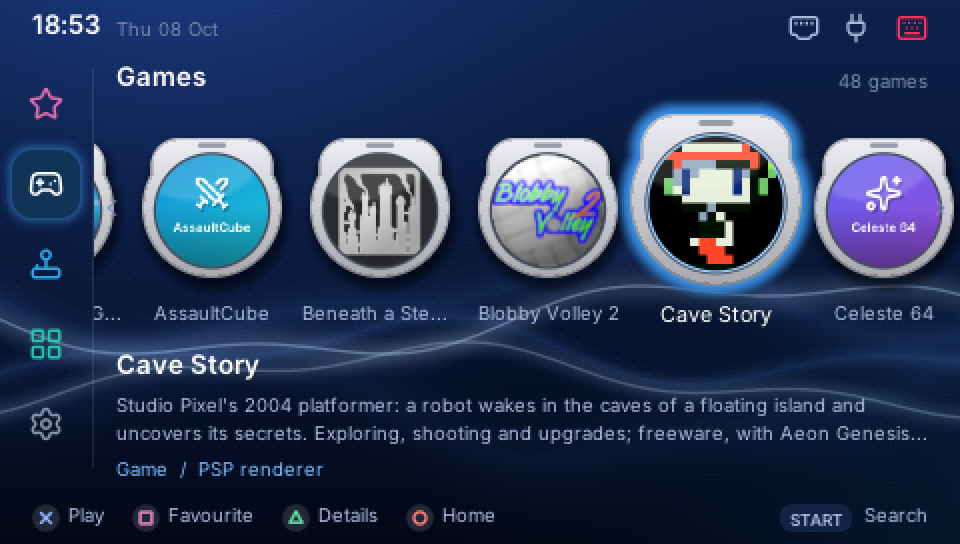 The PSPExp launcher on the PSP: the Games shelf, with Cave Story highlighted